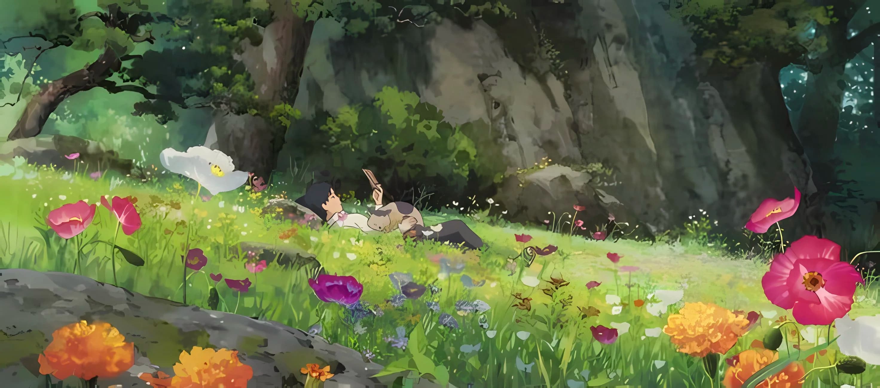 lounging in the field of flowers